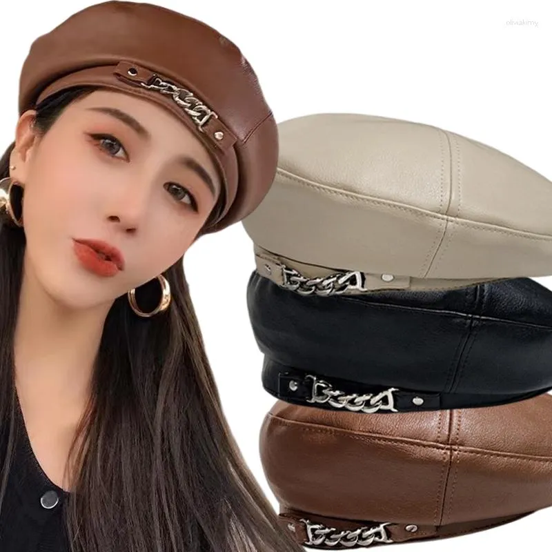 Berets Women Girl Pu Leather Chain Beret Artist Warm Octagonal Flat Cap Autumn Winter Beanie Hat Vintage Hats Solid Color