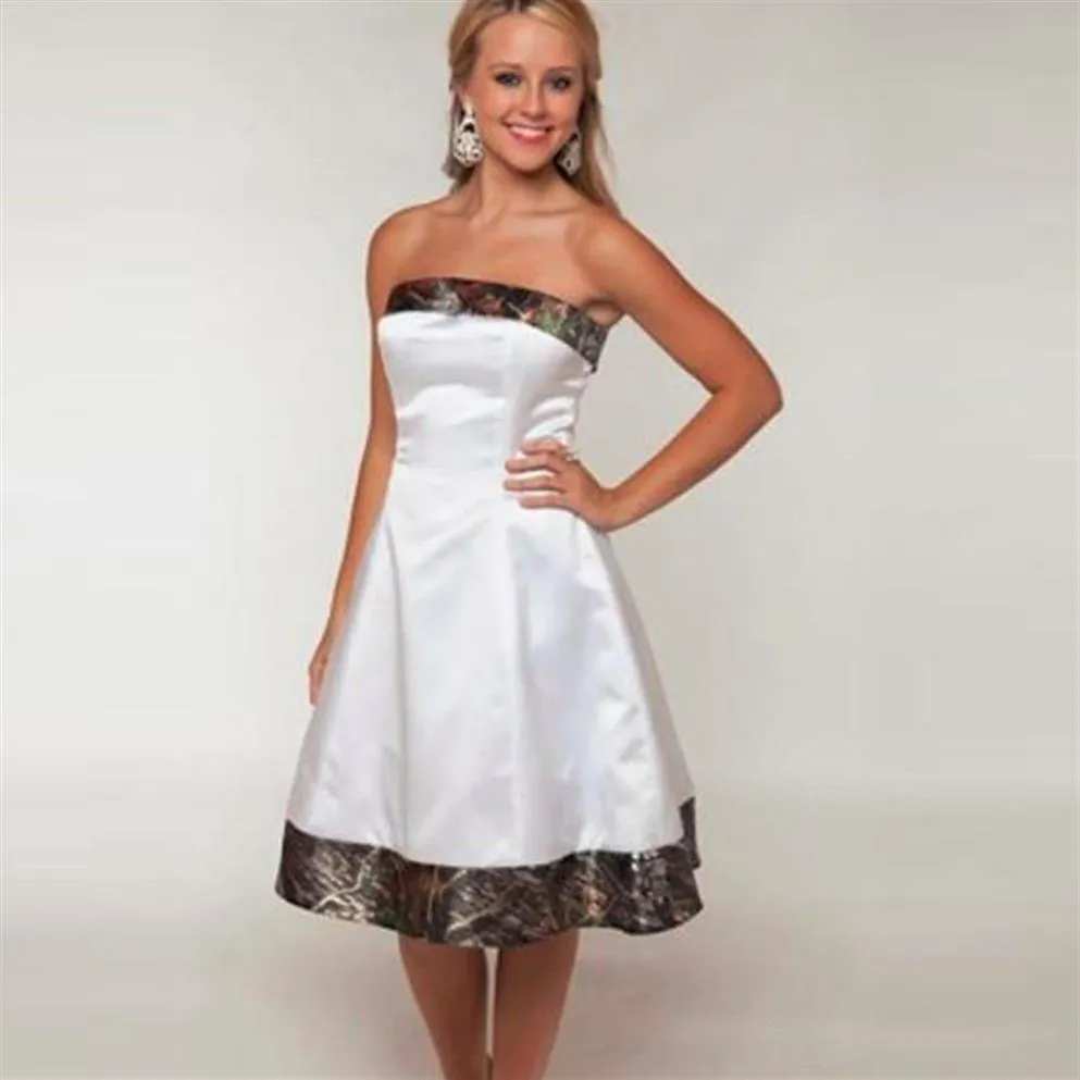 New Camo Weddings Camouflage Bridesmaid Dresses Custom Made Short White Girl Dresses Strapless Wedding Party Gowns300H