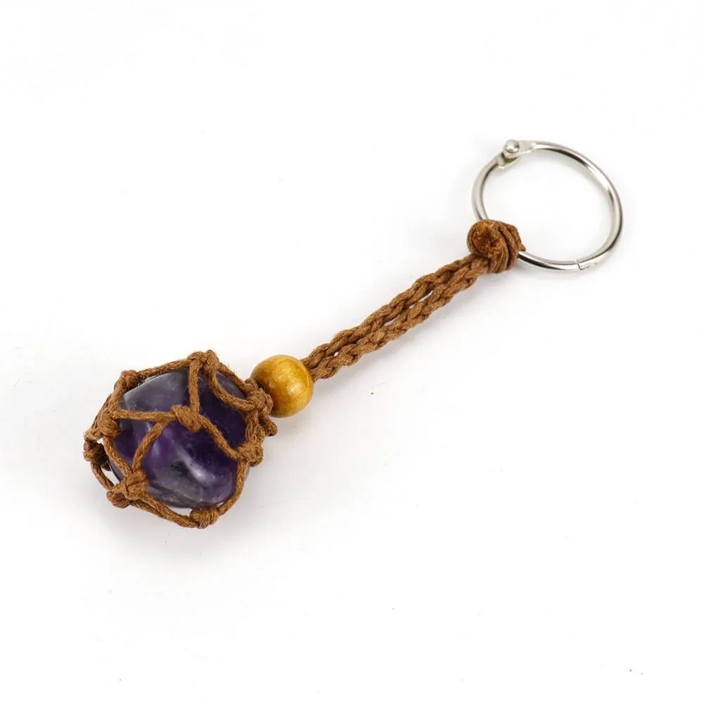 Natural Stone Brown Wax Rope Keychain Keyring Amethyst Rose Quartz Crystal Healing Stone Net Bag Key Ring