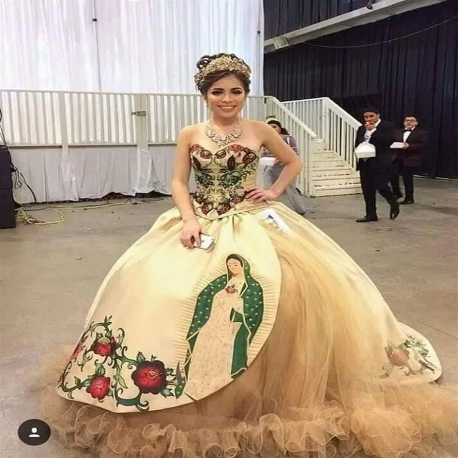 2022 Modello stampato Abito Quinceanera ricamato Champagne Perline senza spalline Abito in raso Sweet 15 Charro Mexico Theme Pro256b