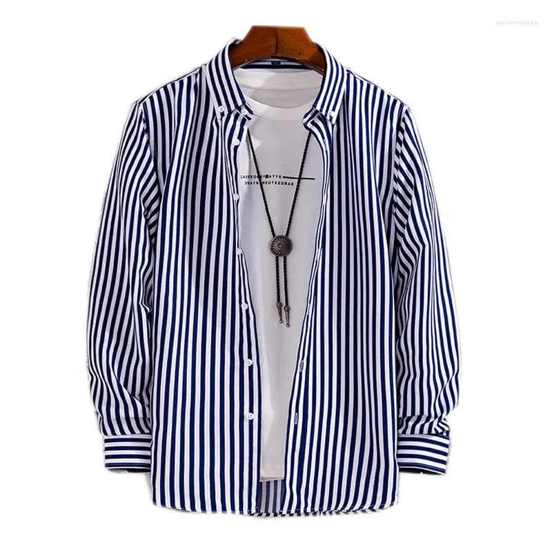 Мужские повседневные рубашки мужская рубашка полосы темно -голубое корейское стиль весна летних полиэстеров TPR03 TPR03