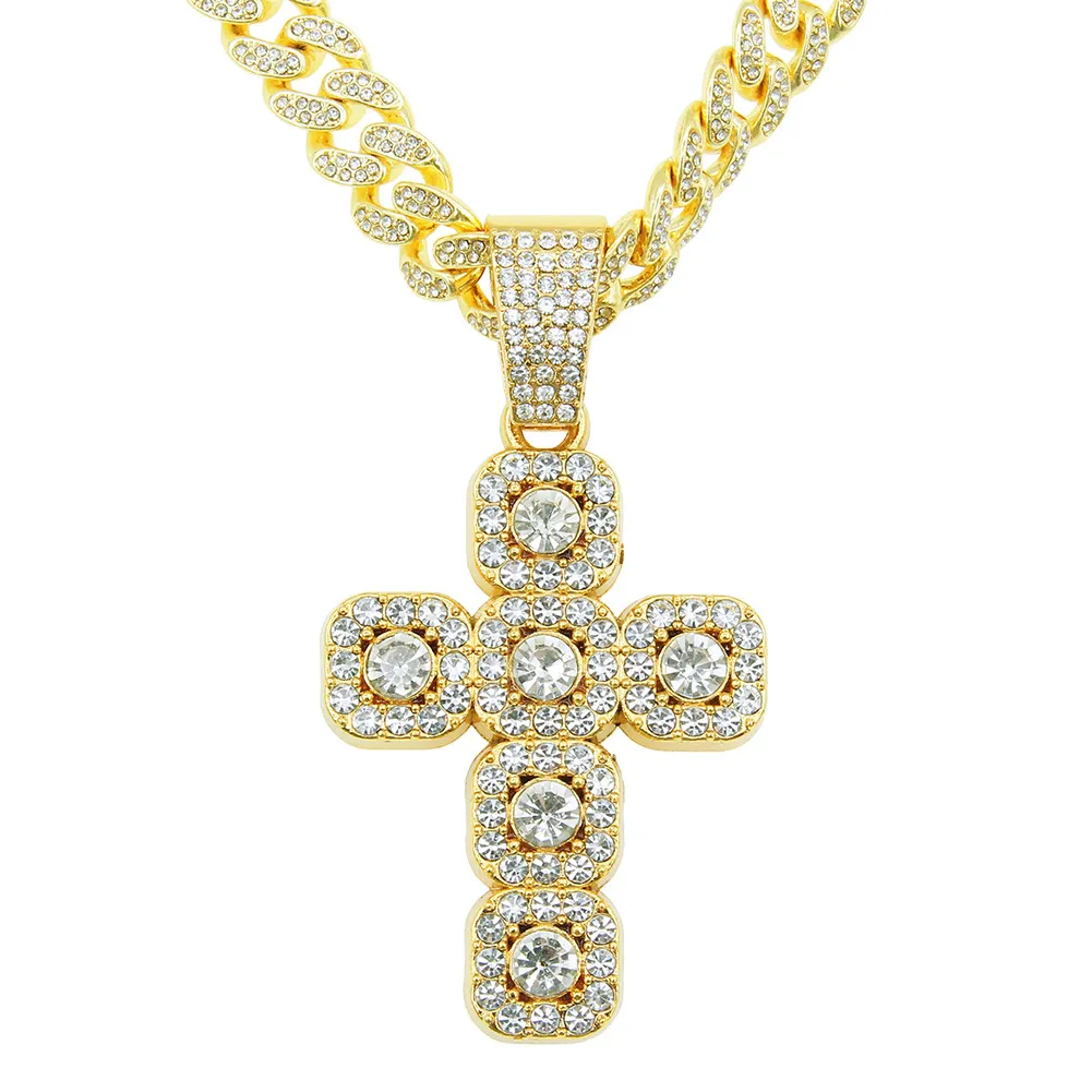 Hip Hop Rapper Men Shiny Diamond Pendant Gold Necklace Iced Out Cross Crucifix Pendant Micro-Instam Full Zircon Jewelry Night Club Punk 50cm Cuban Chain 1544