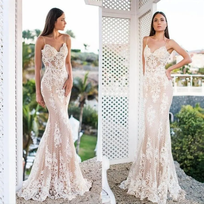 Sexy Mermaid Wedding Dresses Spaghetti Sleeveless Full Lace Bridal Gowns Floor Length Boho Country Beach Wedding Dress Custom250I