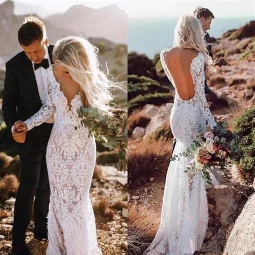 2020 Sell Country Farm Wedding Dresses Full Lace Mermaid Long Sleeve Sexig backless Summer Garden Bridal Gowns Boho Robe de Mar268L