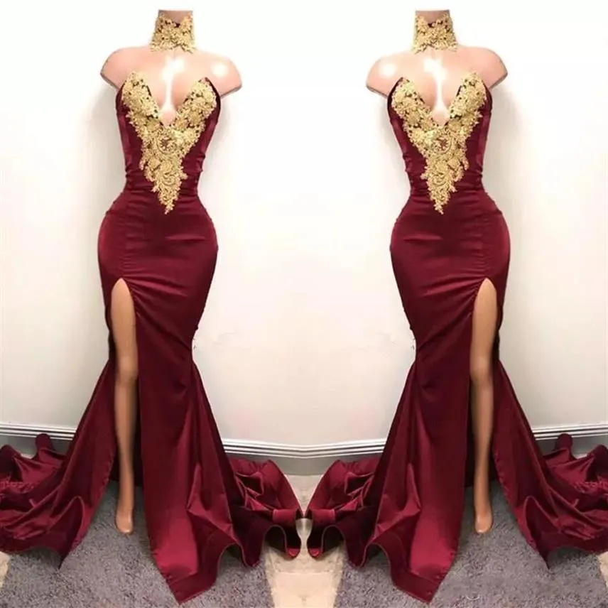 2017 Nya sexiga afrikanska Bourgogne -klänningar Evening Wear Mermaid Gold Lace Appliqued Front Split 2K18 Elegant Formal Evening Party294Y