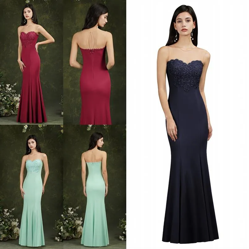 2022 Sexig designer Mint Green Bridesmaid Dresses Bourgogne Dark Navy Sheer Neck Mermaid Maid of Honor Gowns Evening Prom Dress CPS12861