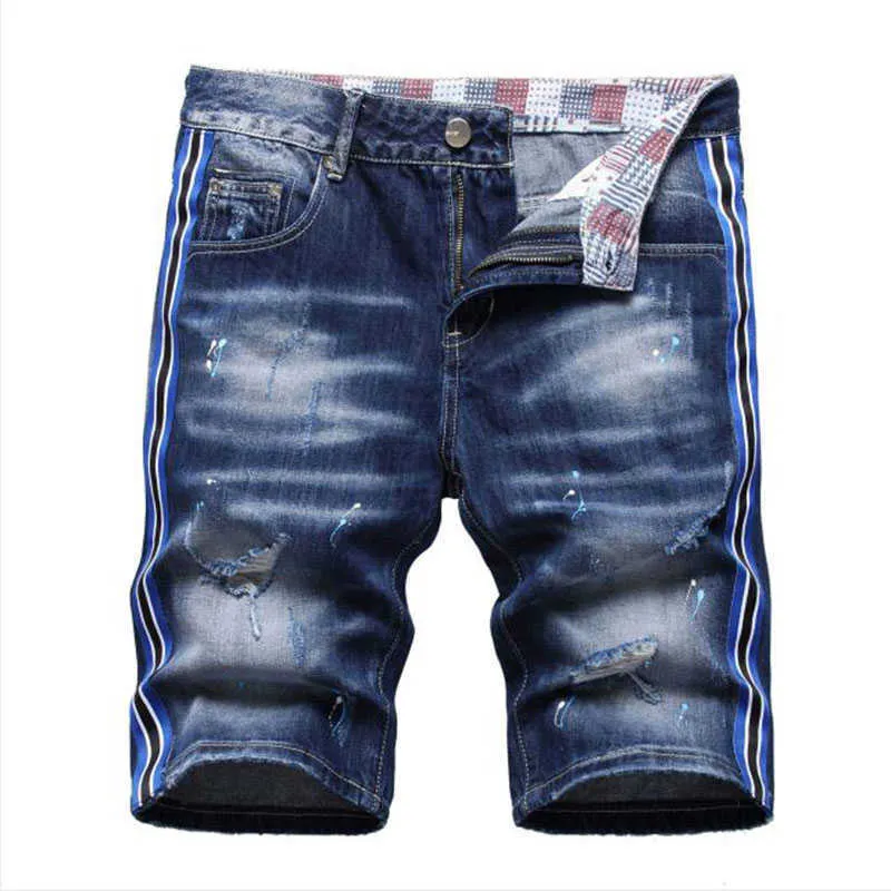 2022 Summer New Mens Denim Short Jeans Fashion Casual Bermuda Homme Thin Cotton Side Stripe Shorts Male Brand Clothes