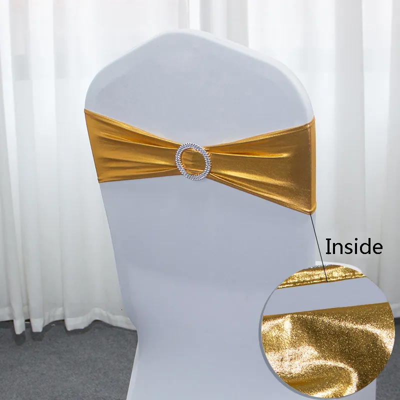 Sashes 50pcs/Lot Metallic Gold silver Chair Sashes Wedding Chair Decoration Spandex Chair Cover Band for Party Decor birthday sash 230721