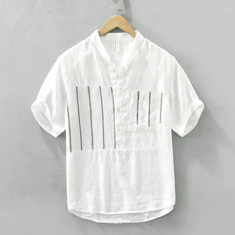 Chemises décontractées pour hommes Japansres Styles frais col montant mâle pur lin chemise Simple à manches courtes lâche respirant pour les hommes