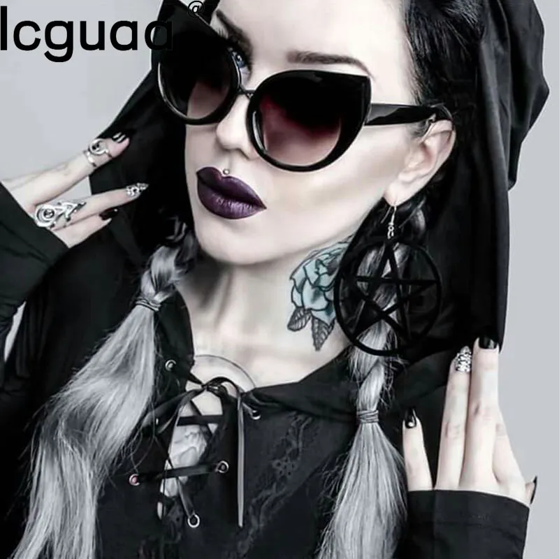 Óculos de sol preto escuro gótico com olhos de gato vintage marca de luxo Steampunk óculos de sol grandes para mulheres