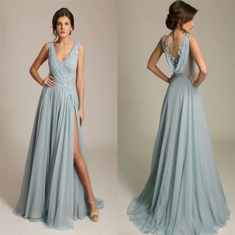 Gorgoues Dusty Blue Aseval Dresses v Neck Disteresses healeveless chiffon draped back back thigh