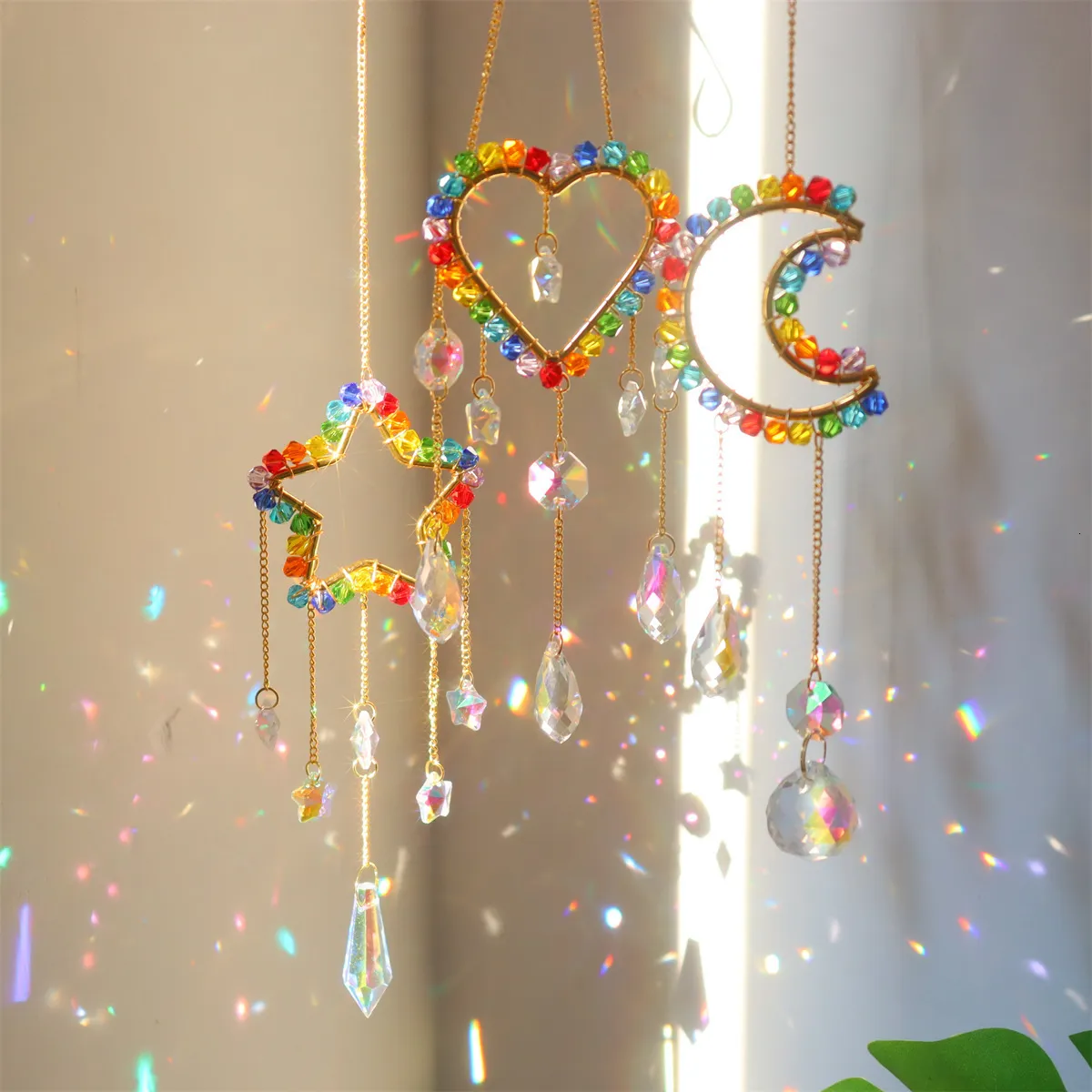 Garden Decorations Chakra Glass Crystal Suncatcher Hanging Moon Catcher Pendants Wind Chimes Rainbow Prism Drop Pendant Garden Home Decor Christmas 230721