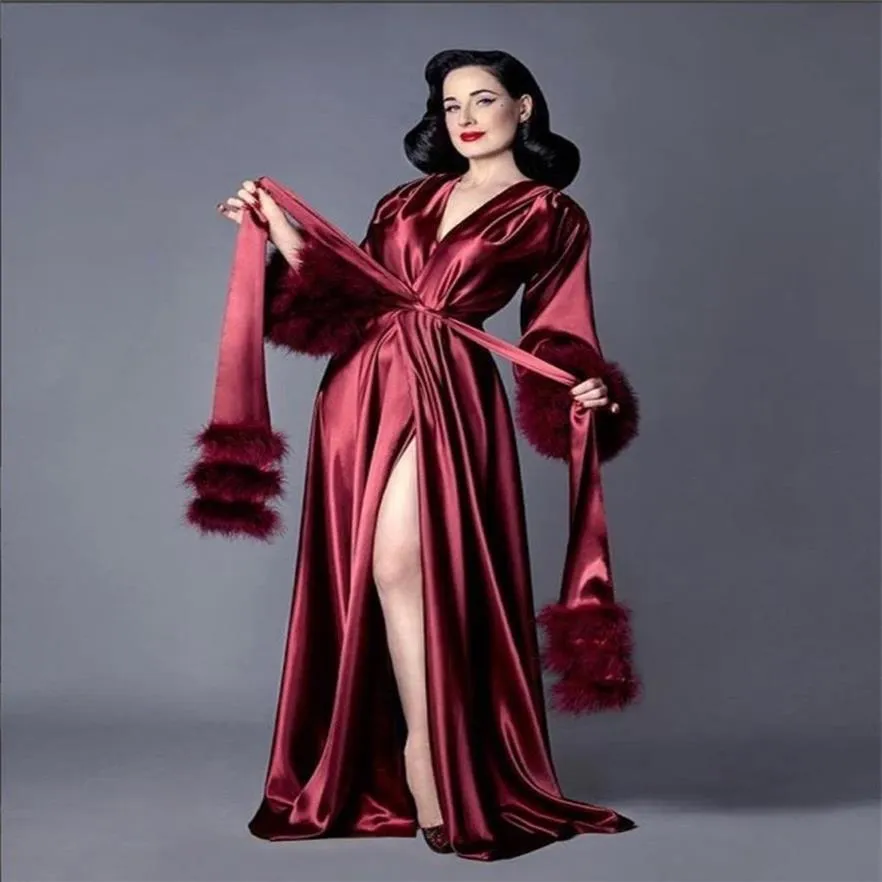 Burgundy Robe Women Feather Full Length Lingerie Nightgown Sleepwear Female Luxury Dresses Homewear Nightwear339x