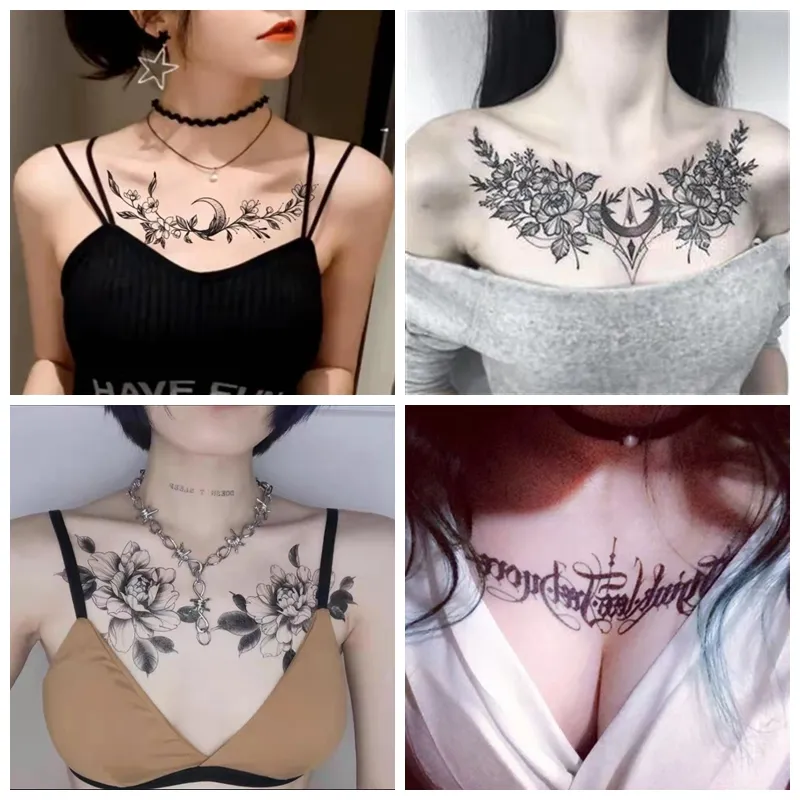 Fleur foncée tatouage temporaire femme étanche Sexy gothique clavicule transfert d'eau Art faux tatouages bras poitrine tatouage autocollants