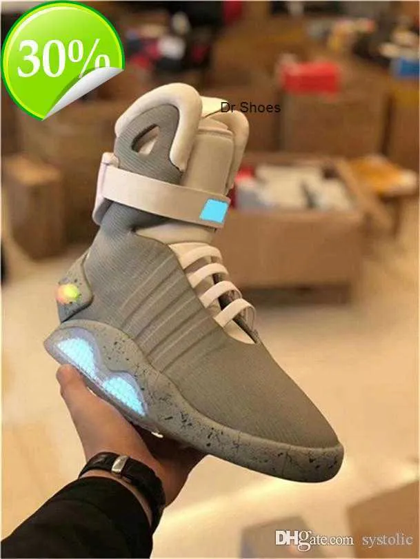 2023 New Automatic Laces Air Mag Sneakers Marty McFly's Air Mags Led Shoes Back to the Future Glow in the Dark Gray Boots McFlys with Box Top qu