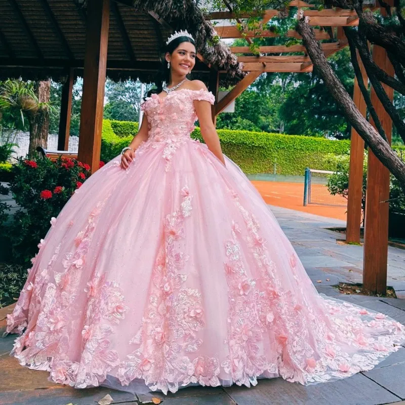 Pink Quinceanera Dress Flower Tulle Beads Off The Shoulder Party Dress  Appliques Lace Up Court Train Prom Ball Gown