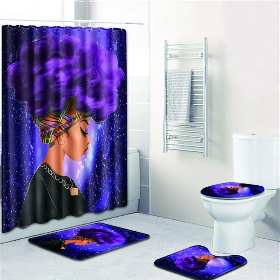 Fashion African Woman Pattern Polyester Shower Curtain Set Non Slip Rugs Carpet for Bathroom Toilet Flannel Bath Mat Set 4pcs 275P