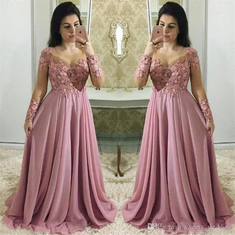 Plus la taille magnifique robes de bal rose poussiéreux manches longues pure bijou cou appliques dentelle à la main 3d fleurs robe formelle soirée go215m