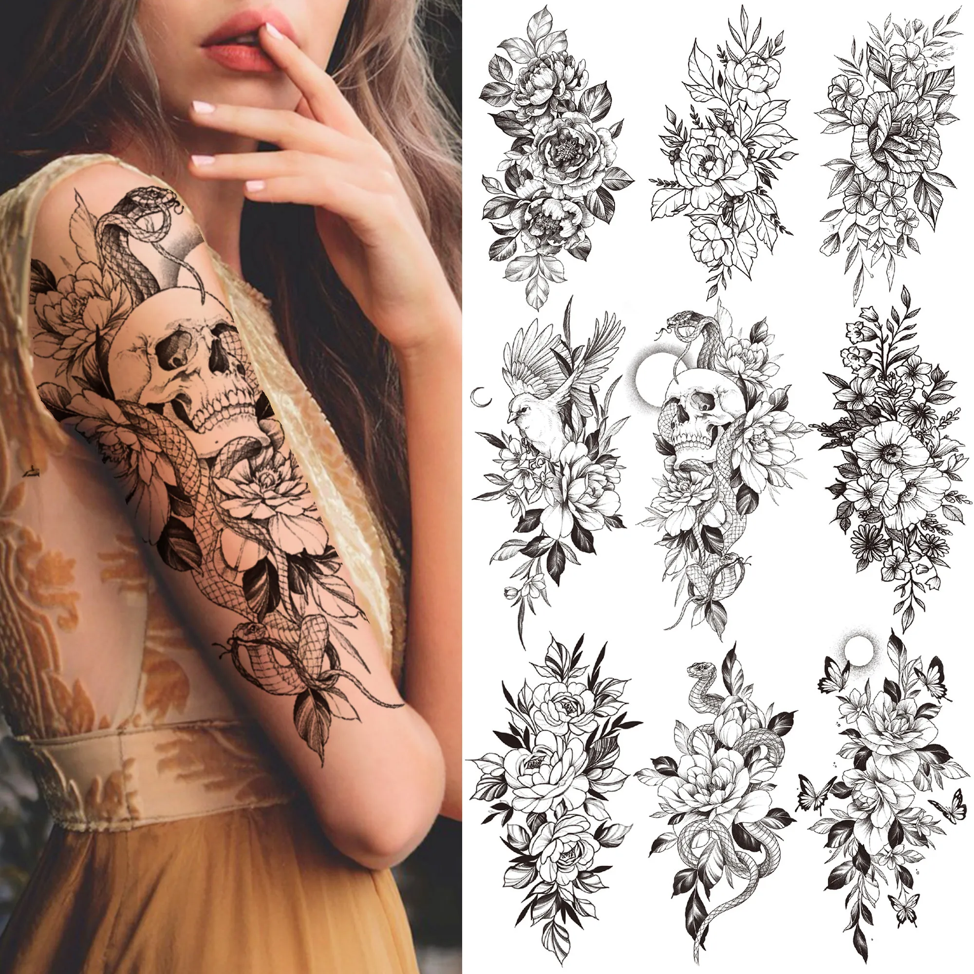 Death Skull Flower tillfällig tatuering för kvinnor flickor Snake Bird Peony Tattoo Sticker Black Fake Blossom Sexig Tatoo Transfer vuxen