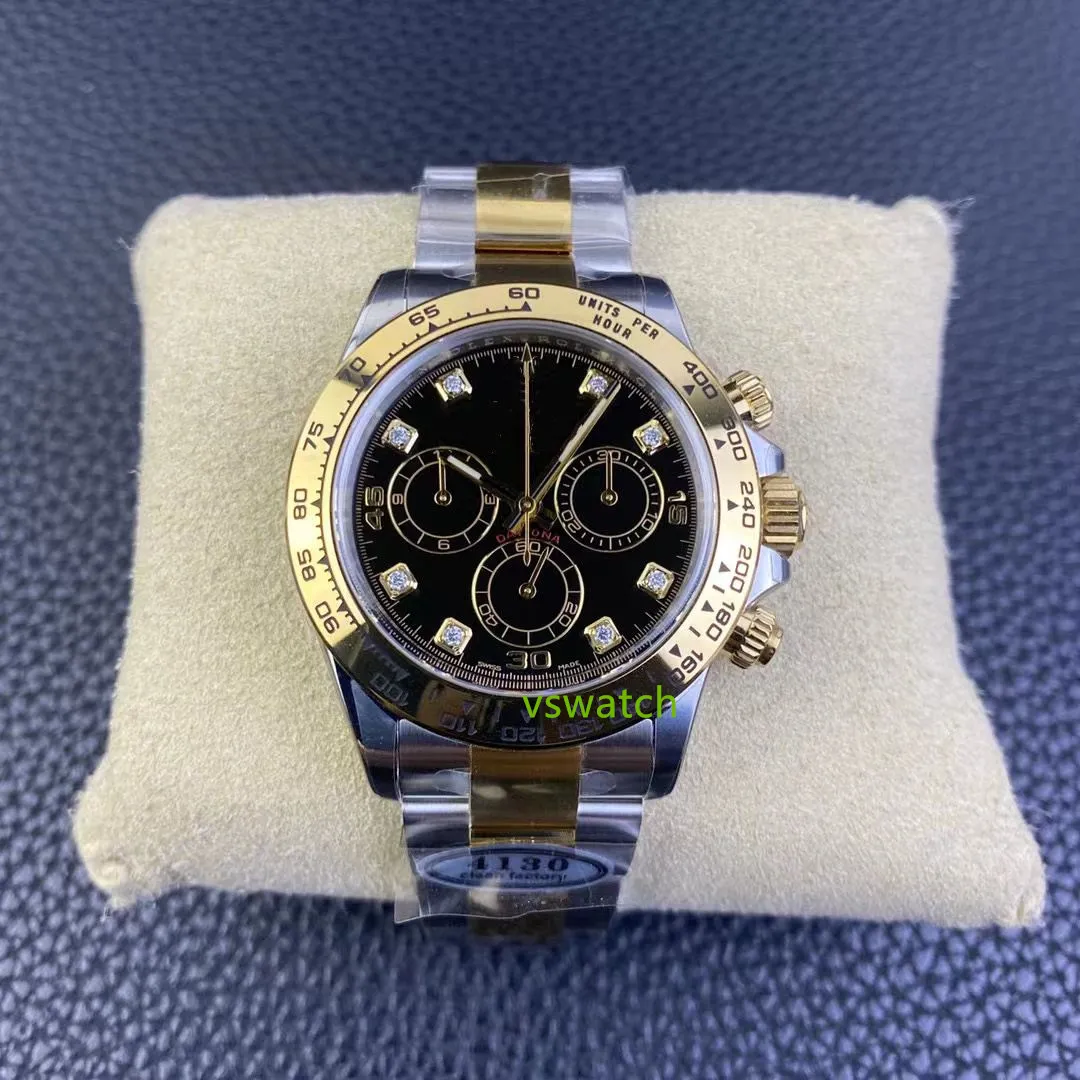 Clean Watch Cal.4130 SA4130 Cronografo automatico Golden 904L Striscia in acciaio Diametro del quadrante nero nero 40 mm 12,2 mm Crystal di zaffiro