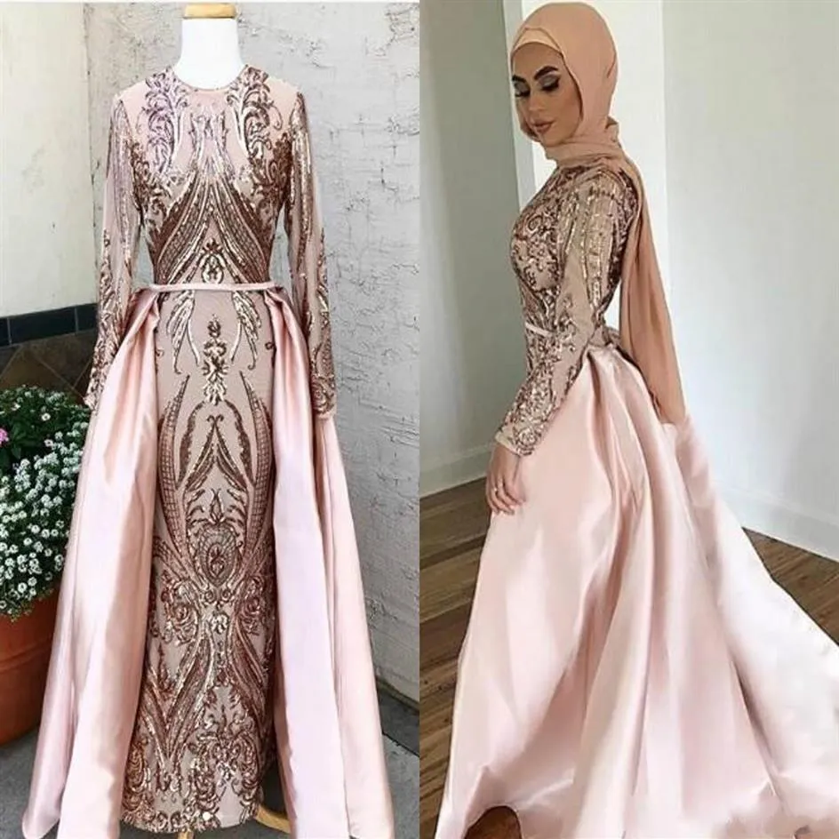Arabische Dubai-Abendkleider mit abnehmbarer Schleppe, muslimische Abendkleider ohne Hijab, Kaftan-Abaya, lange Ärmel, O-Ausschnitt, Pailletten, Abschlussball198K