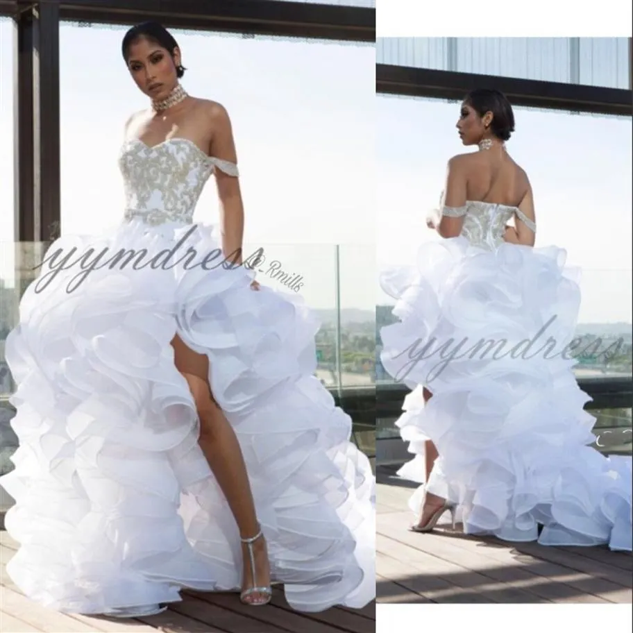201 Luxury Wedding Dresses Organza Ruffles Gold Applique Sweep Train A Line Boho Bridal Gowns vestido de novia307T