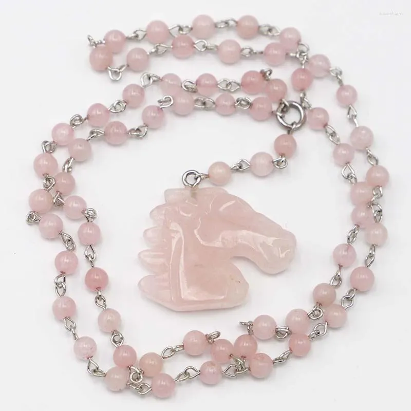 Catene Pietra naturale Perlina rotonda Quarzo rosa Scultura Testa di cavallo Collana con ciondolo Catena maglione Creazione di gioielli Accessori all'ingrosso 3 pezzi