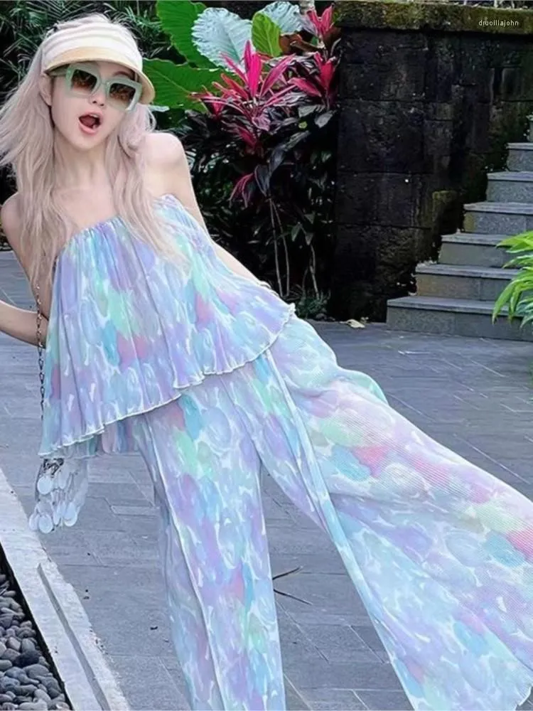 Kvinnors tvåbitar byxor Sweet Tie Dye Holiday Beach 2023 Sommarkvinnor Set Vintage Fashion Printing Strap Blus Long Wide Let 2 Pieces