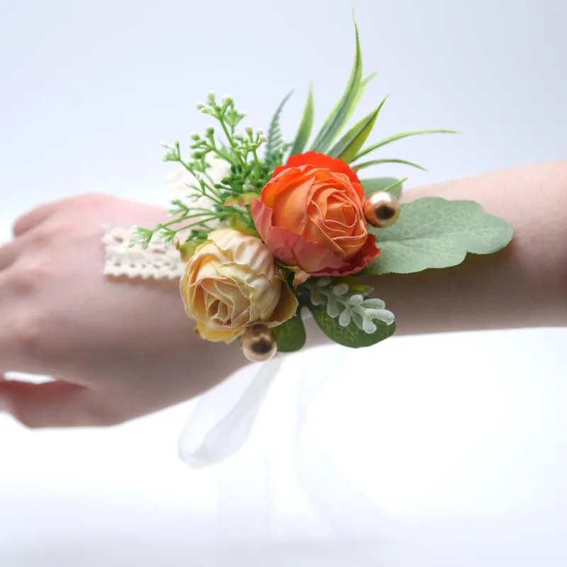 Dekorative Blumen Handgelenk Corsage Blumenset Hochzeit Rose Seidenband Braut Hand Armband Armband Party Dekor