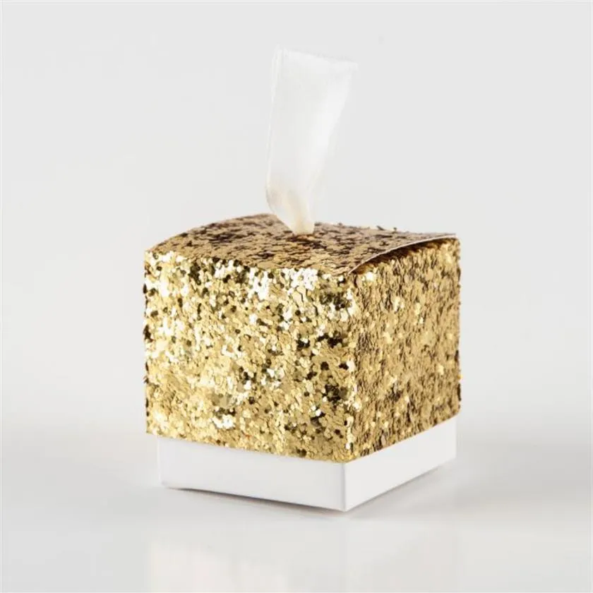 Nieuwe Bruiloft Gunsten En Geschenken Bonbondoos Goud Glitter Gunst Dozen Met Lint Voor Party 50 Stuks lot 2712