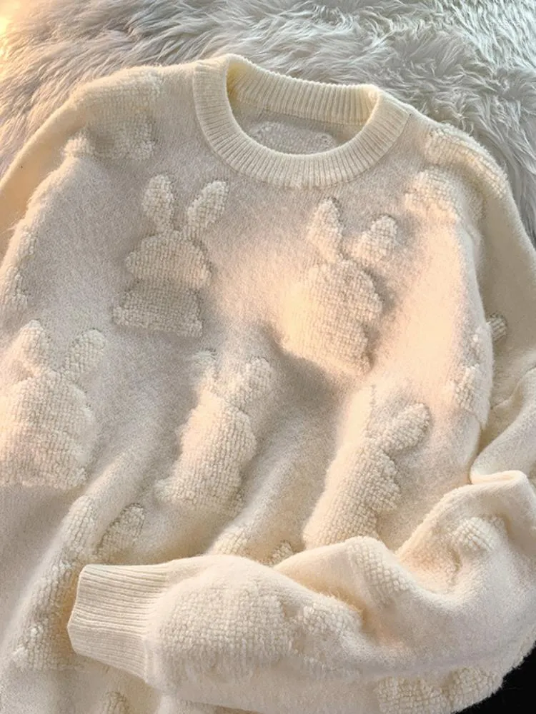 女性のセーター女性セーターニット白いジャクード織りゆるい長袖Oネックプルオーバー韓国のシック秋冬2023年