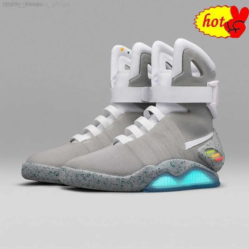 2023 Ritorno al futuro Lacci automatici Air Mag Sneakers Le riviste aeree di Marty Mcfly hanno portato le scarpe Ritorno al futuro Glow In Mcflys grigio scuro con