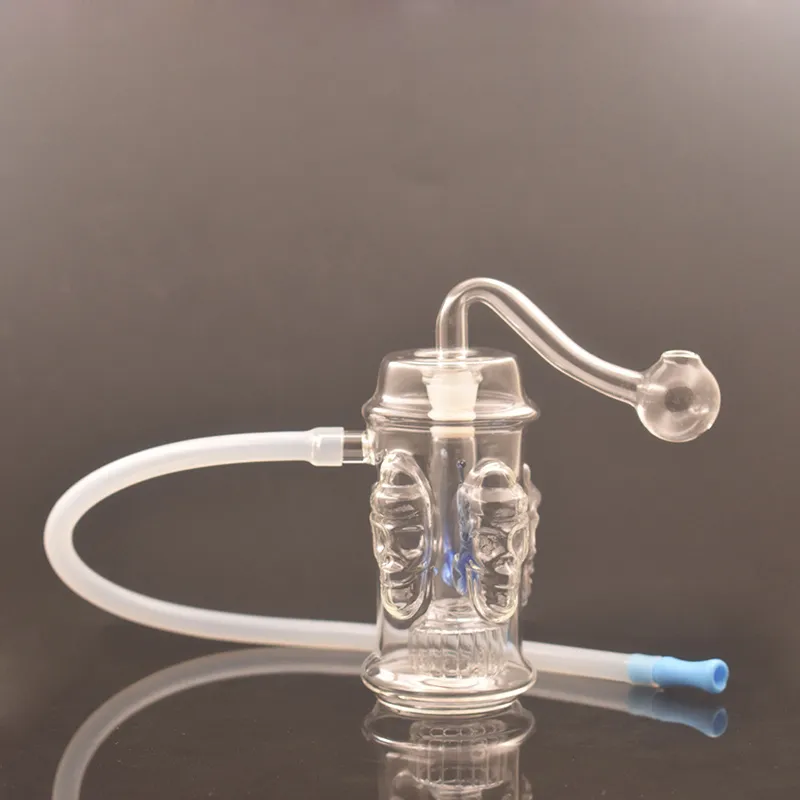 Pipa ad acqua per fumo a mano all'ingrosso con teschio quadruplo Bruciatore a nafta in vetro da 10 mm Bong Recycler Ashcatcher Bong con tubi e tubo per bruciatore a nafta in vetro maschio