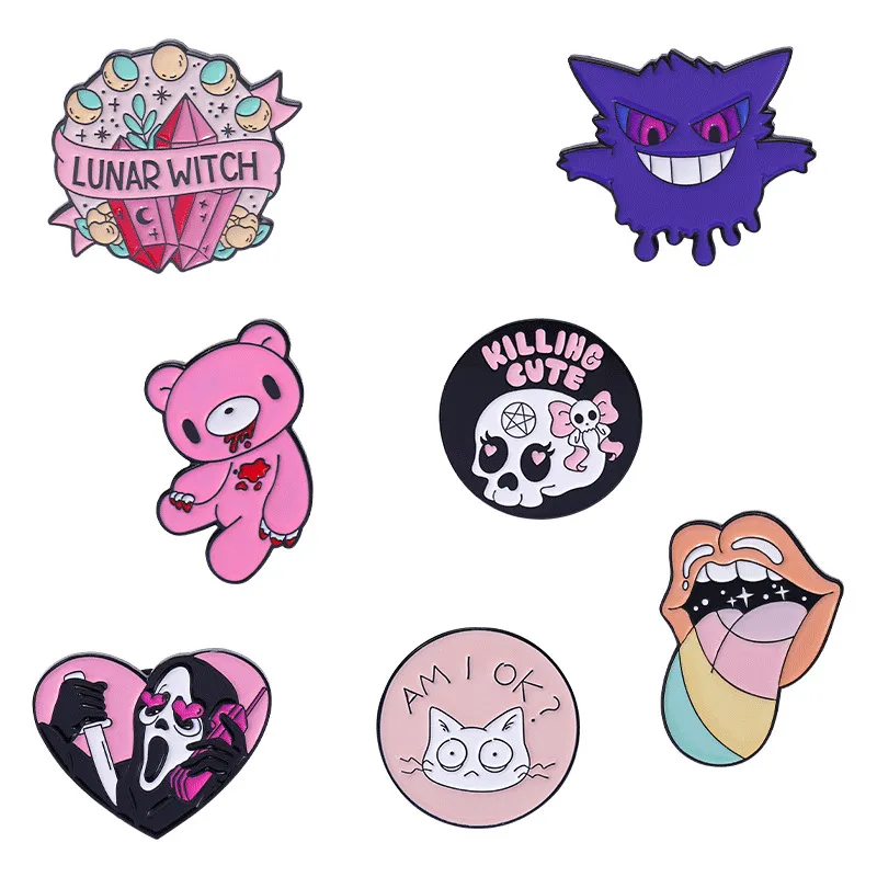 Broches de letras de caveira de liga metálica Pequeno fantasma Broche de Halloween Alfinetes Urso rosa Bruxa lunar Broches de chapéus Roupas Decoração Lapela Distintivo Jóias Presente