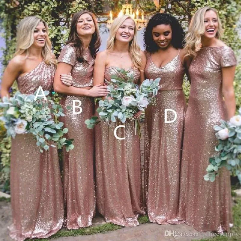 Bling Rose Gold Sequined Bridesmaid Dresses Long Sexy Floor Length Boho Bridesmaids Dresses Plus Size Custom Made3120
