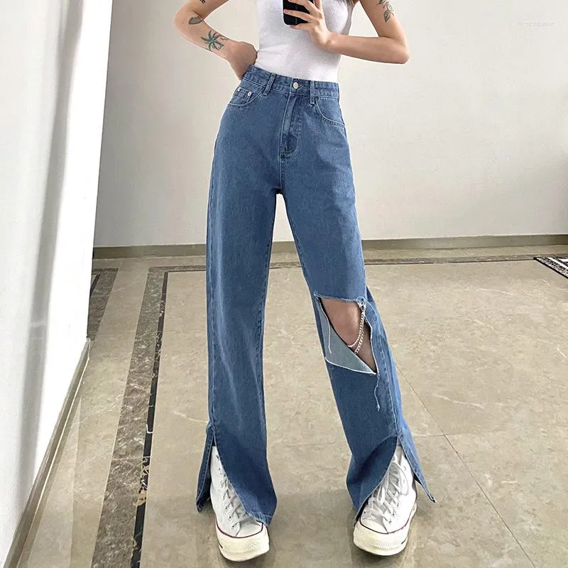 Women's Jeans Mom Ripped Hole Chains High Waist Straight Loose Split Flare Long Jean 2023 Summer Casual Denim Pants Female Trousers