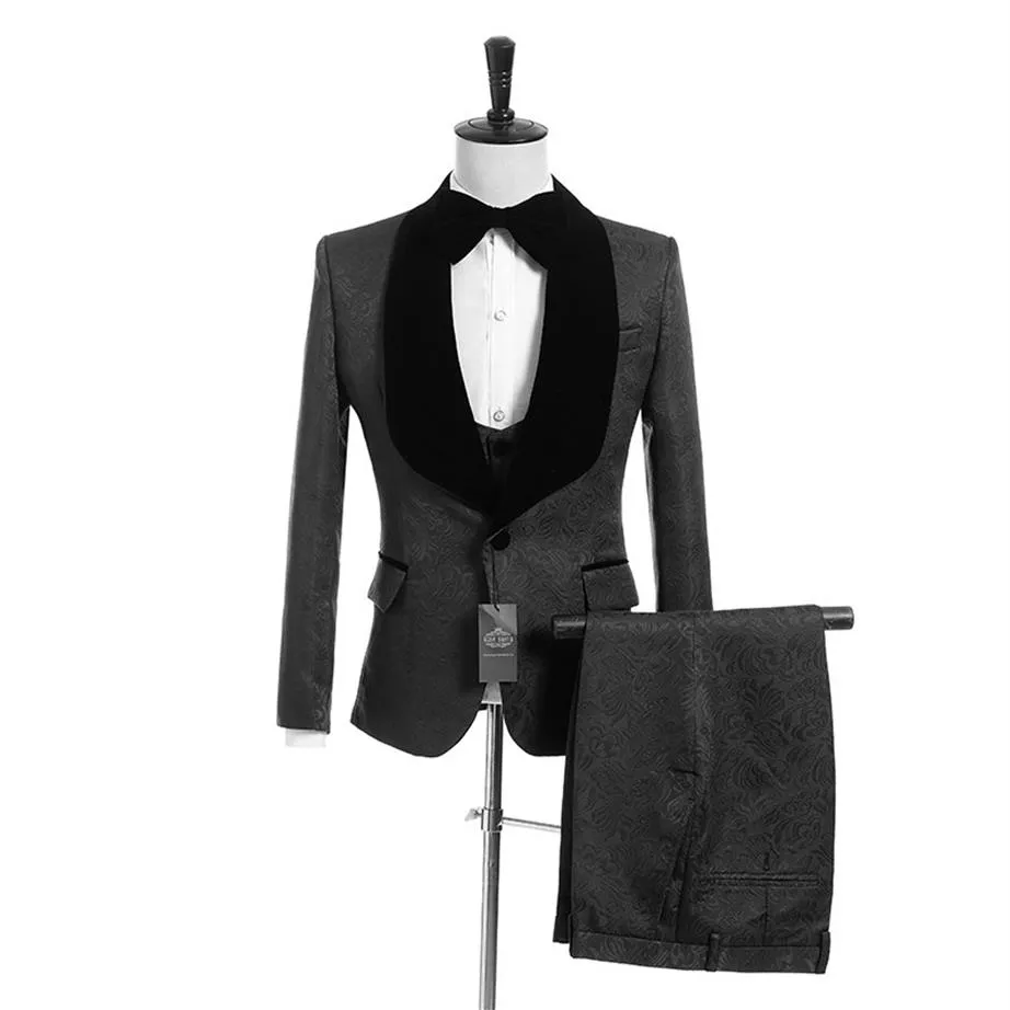 Op maat gemaakte groomsmen zwart patroon bruidegom tuxedos sjaal rapel heren pakken zijde ventilatie bruiloft prom man jas broek vest stropdas 244J