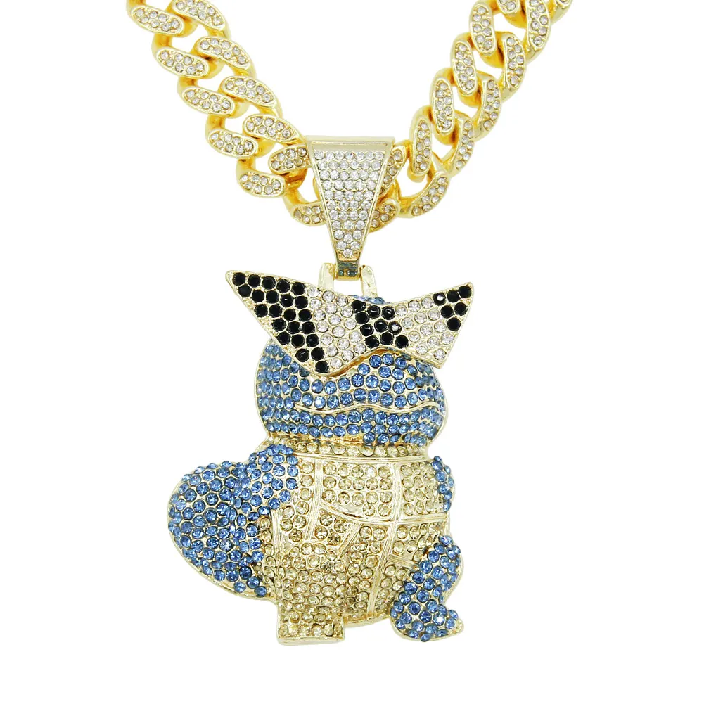 Hip Hop Rapper Hommes pendentif en diamant brillant collier en or Iced out Pendentif tortue de dessin animé micro-insert bijoux en zircon complet boîte de nuit punk 50cm Miami chaîne cubaine 1552