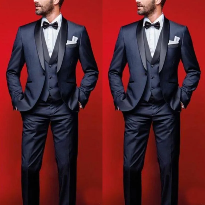 2019 Navy Blue Wedding Tuxedos Slim Fit Suits for Men Groomsmen Suit 3ピース安いプロムフォーマルスーツジャケットパンツベストボウ172x