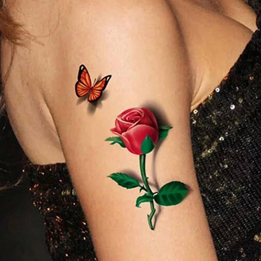 3D Temporary Removable Waterproof Colorful Body Art Butterfly Flower Tattoo Sticker 3D Butterfly Rose Flower for Women Body