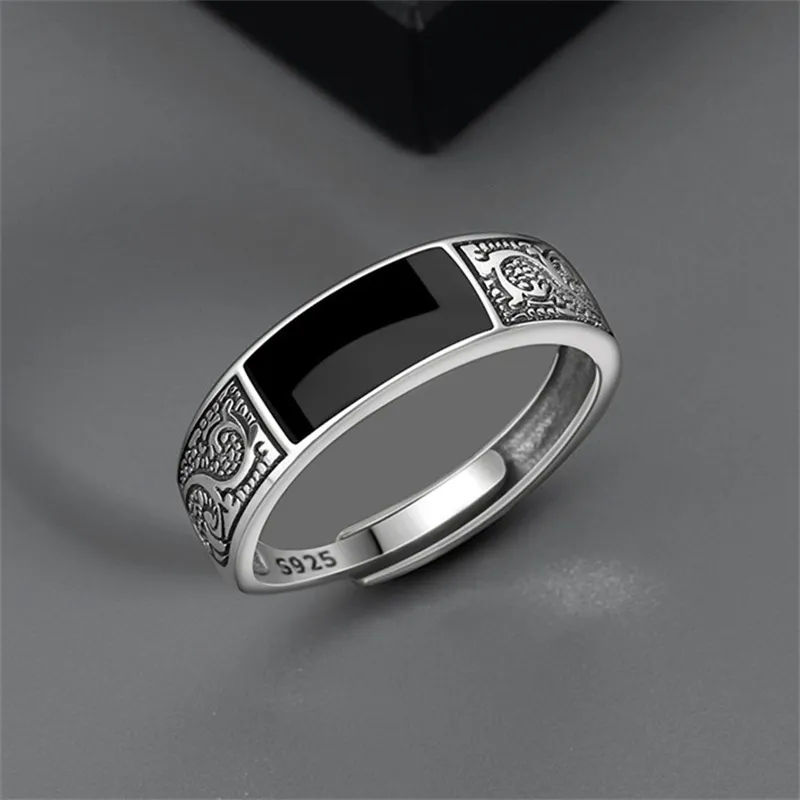 Anel de prata esterlina 925 moderno para homens joias preto retângulo retro dragão padrão anel masculino infex acessórios de dedo aberto