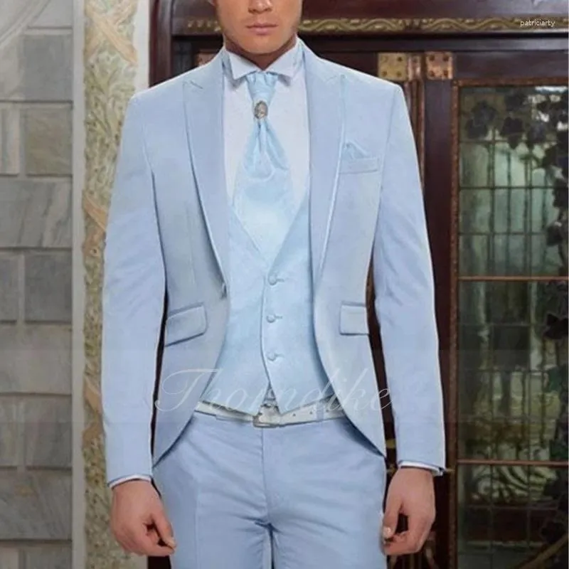 Męskie garnitury Thorndike jasnoniebieski Tuxedo na ślub szczytowy Lapel 3 sztuki Slim Fit Men Dinner