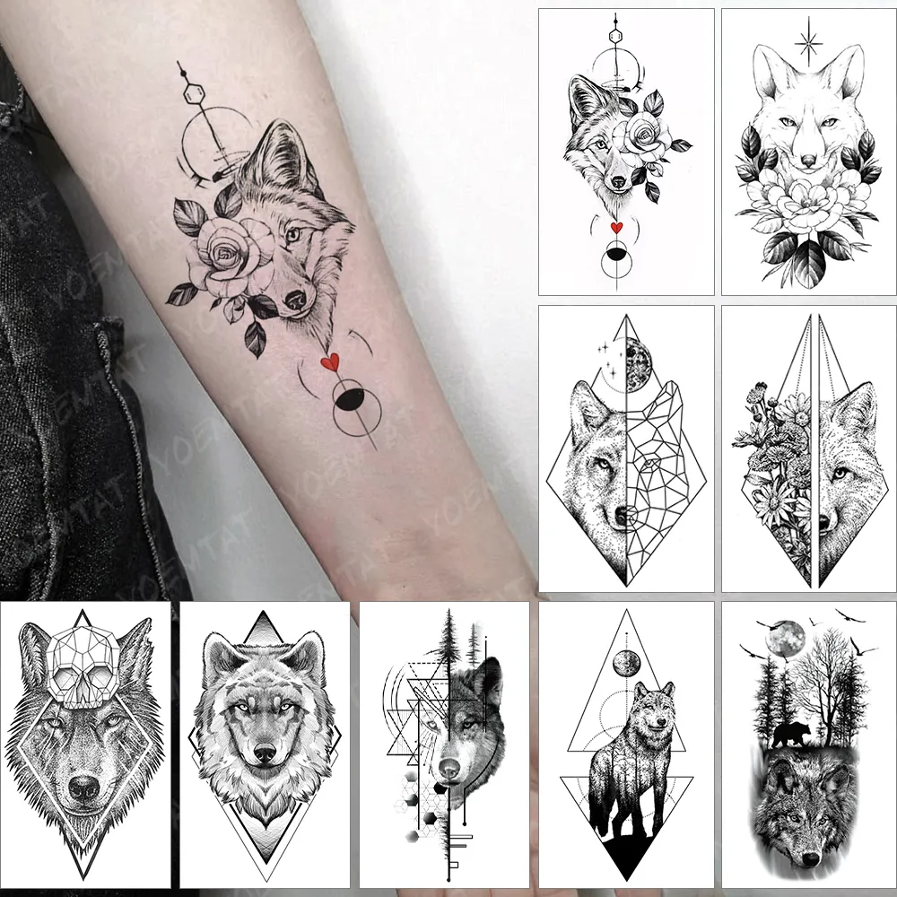 Wasserdicht Temporäre Tätowierung Aufkleber Geometrie Schwarz Wolf Fuchs Wald Mond Blume Flash Tatoo Gefälschte Tatto Für Körper Kunst frauen Männer