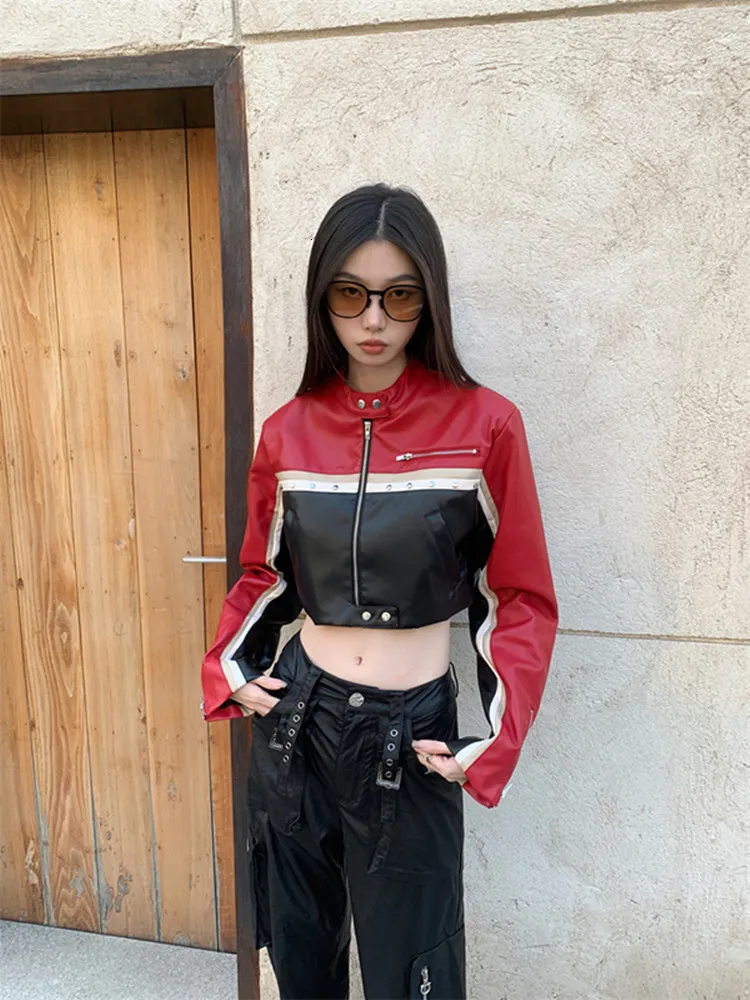 Womens Jackets BULOCHOVA Patchwork Color Motorcycle Girls PU Leather Short Jacket Women Fashion Stand Neck Zipper Slim Thin Coat 230721 From 25 08 DHgate