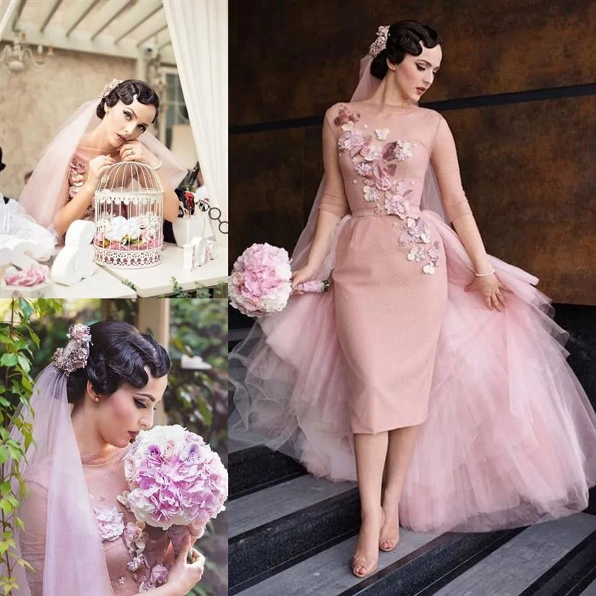 Retro różowe sukienki ślubne Batau Secion pół rękawów ręcznie robione kwiaty tiulowe osłona herbata długość vintage krótkie przyjęcie weselne Dre231p