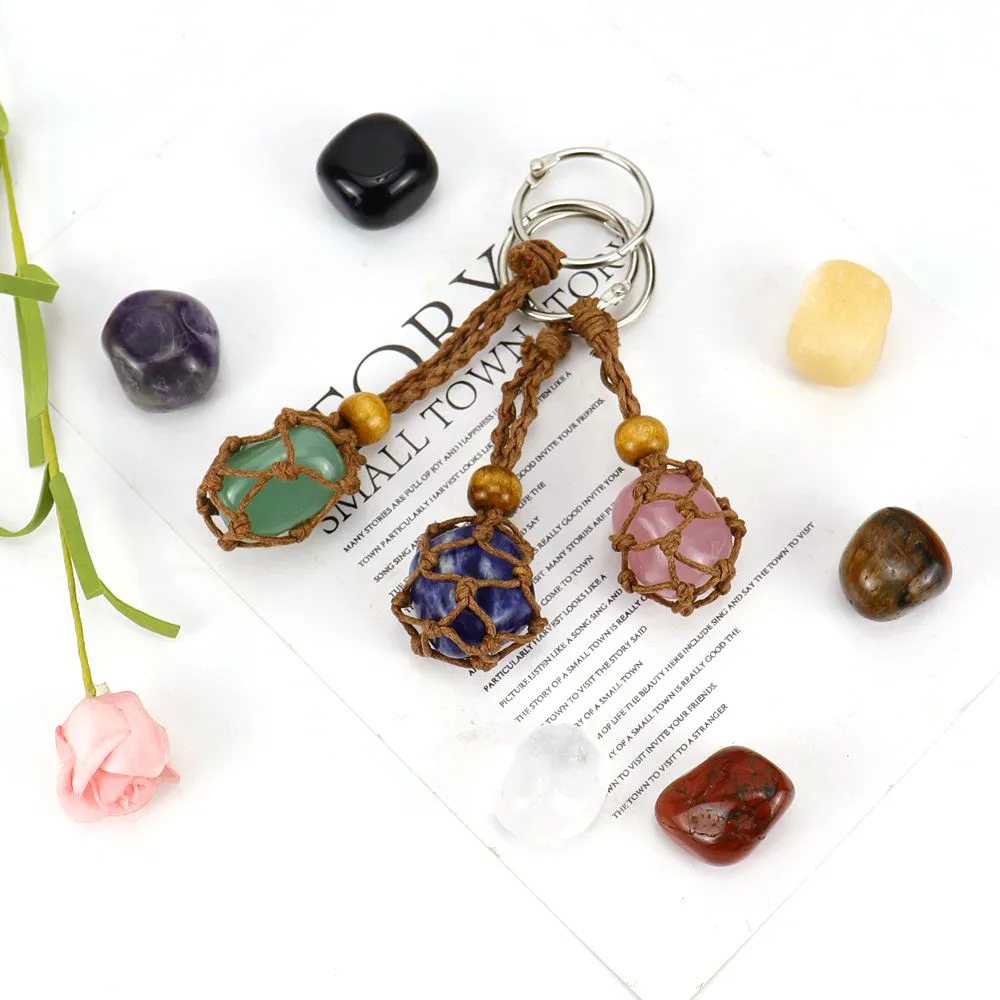 Natural Stone Brown Wax Rope Keychain Keyring Amethyst Rose Quartz Crystal Healing Stone Net Bag Key Ring
