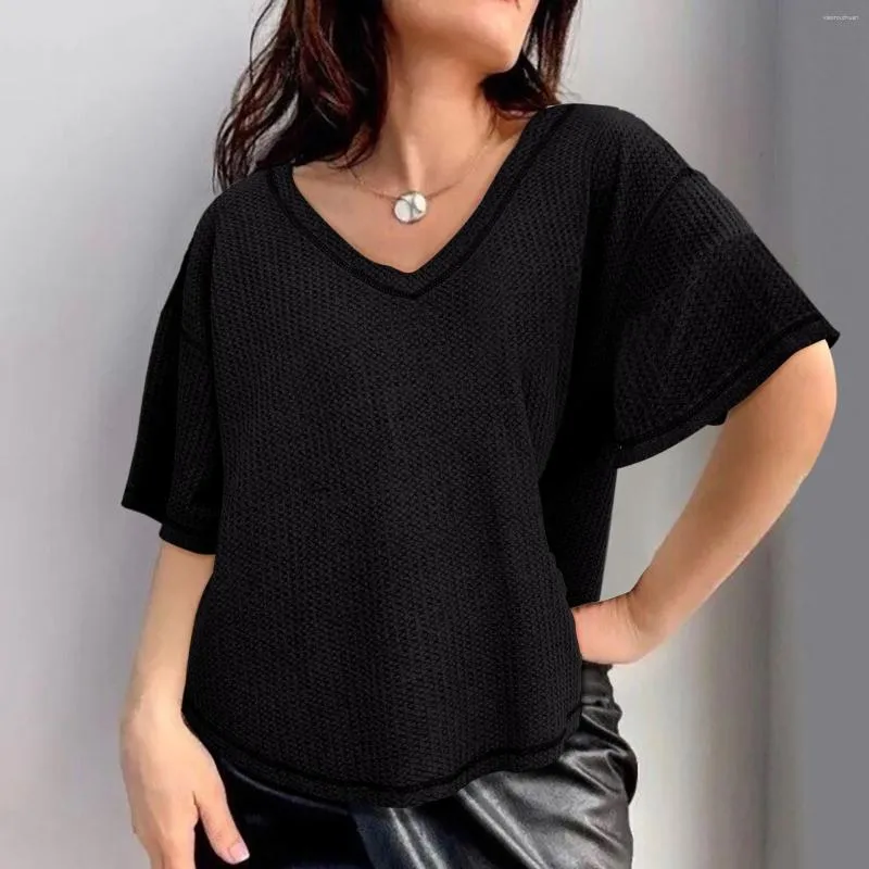 Kvinnors blusar kvinnor våffla blus v hals korta ärmar lös casual t -shirt överdimensionerad fast färg andas enkla toppar blusa mujer moda