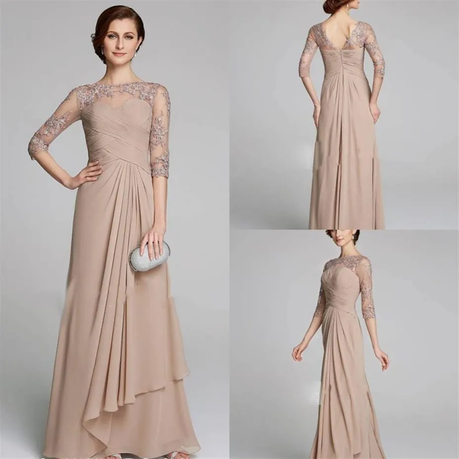 Modest Champagne Mother of the Bride Dresses Plus Size Ruched Lace Applique A Line Chiffon Wedding Guests Dress Mothers Formal Gow256S