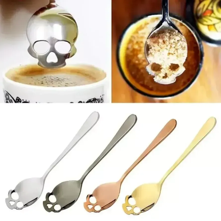 Colher de chá de caveira de açúcar Suga Colheres de café inoxidável Colher de sobremesa Sorvete Utensílios de mesa Colher Acessórios de cozinha NOVO FY5329