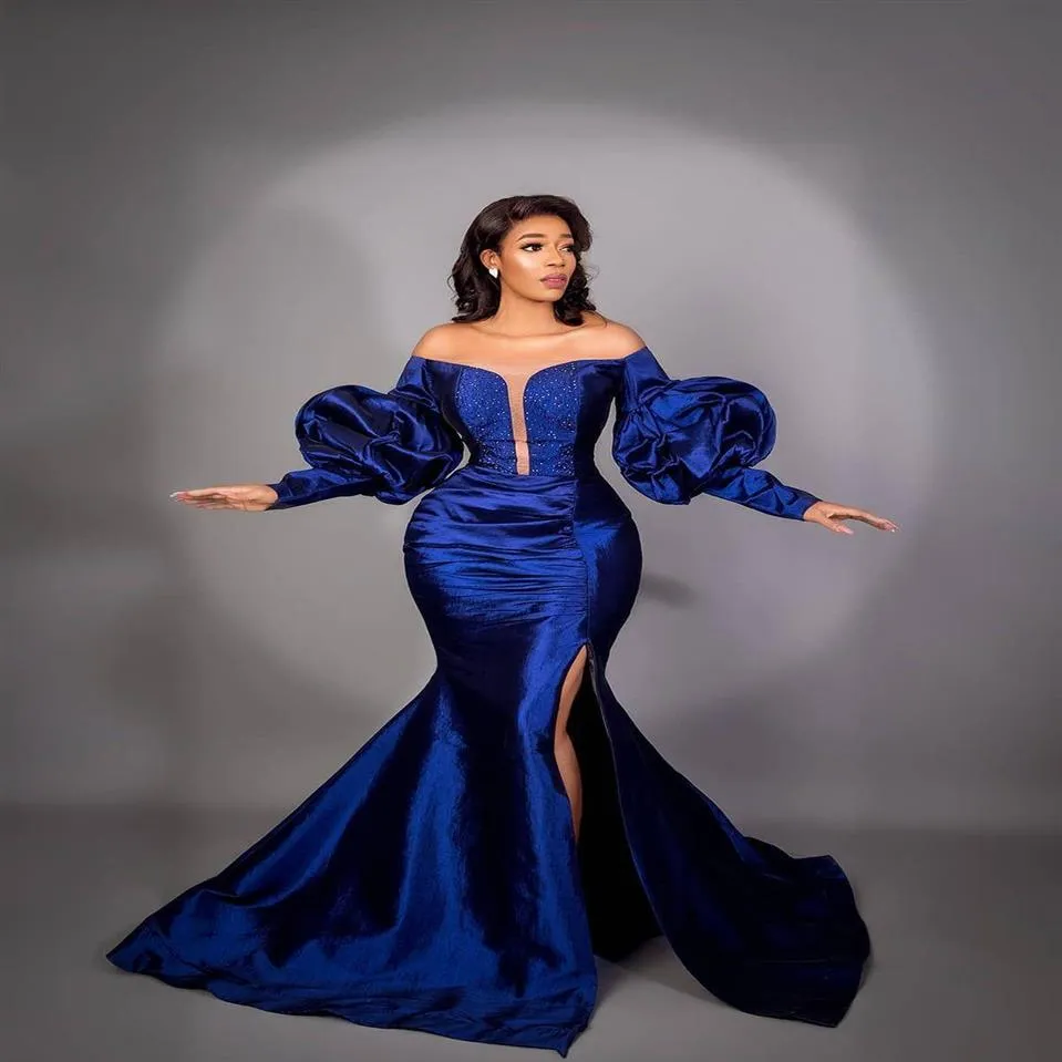 Дубайский арабский Abigail Royal Blue Plus Size Prom Prom Планты с длинными пухлыми рукавами с бисером с высокой сплит